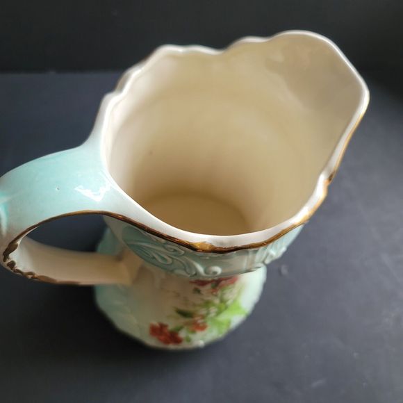 Vtg Pitcher Grandma Core Pitcher Vase Signed RS Prussia Gold Blue 9" Red Floral - Picture 10 of 14